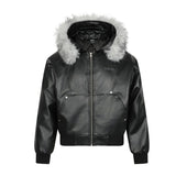 Unisex Down Jacket Vintage Leather Padded Fur Collar Jacket