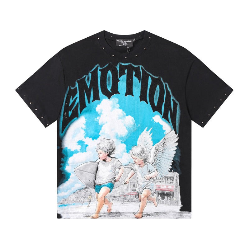 Mixed emotion t-shirt men's rhinestone printing g pure cotton printing