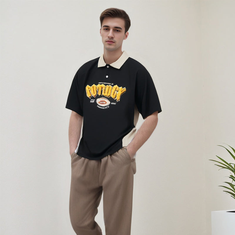 Unisex Polo Shirt Alphabet Color Matching Short Sleeve