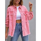 Women's european and american style mid-length frayed hem distressed denim jacket - autumn/winter long sleeve casual turn-down collar top
