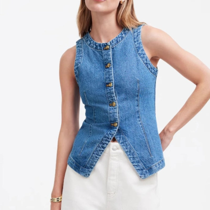Women's sleeveless denim vest - summer european & american style, slim fit, cross-border e-commerce, round neck tank top