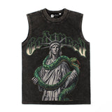 Hip hop tank top american retro python statue of liberty printing washed and distressed niche style loose vest