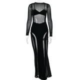 Women Dresses Fashion Sexy Slim Long Sleeve Mesh Stitching