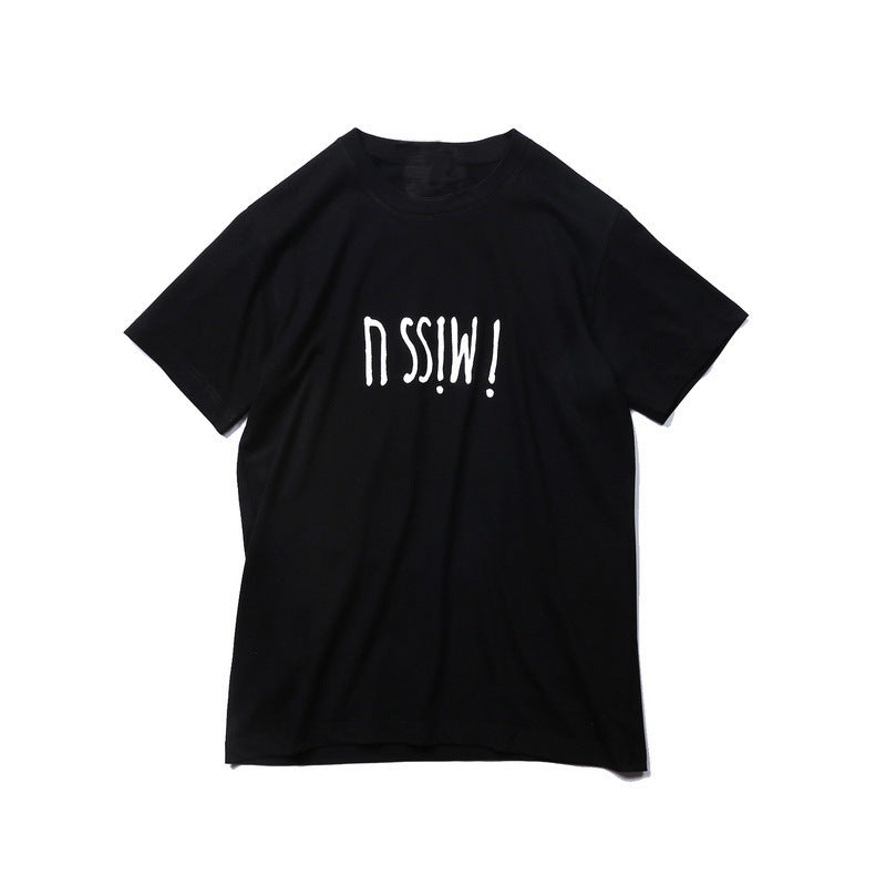 Madness I Miss U Tee Fashion Brand Short Sleeve T-shirt Men's Hong Kong Style Trendy Top Simple T-shirt Black and White Base Shirt