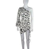 Women Desses Long Sleeve Pleating Slim Print Dress Skirt