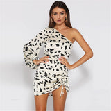 Women Desses Long Sleeve Pleating Slim Print Dress Skirt
