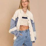 Women's top: spring/summer american retro washed color block denim jacket - turn-down collar, casual distressed raw hem outerwear