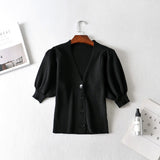 Women T-shirt V-neck Knitted Cardigan Women Retro Short T-shirt