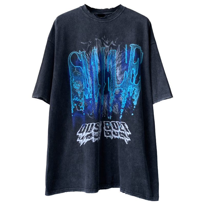 Men T Shirt Washed Distressed Dark Printed Short-Sleeved T-shirt Men Loose Retro