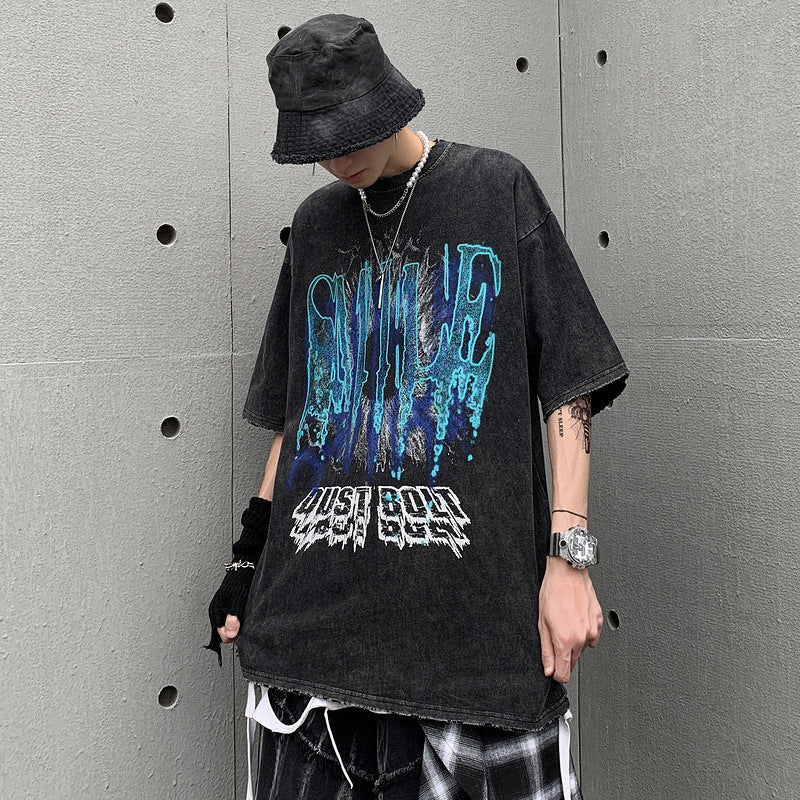 Men T Shirt Washed Distressed Dark Printed Short-Sleeved T-shirt Men Loose Retro