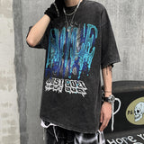 Men T Shirt Washed Distressed Dark Printed Short-Sleeved T-shirt Men Loose Retro