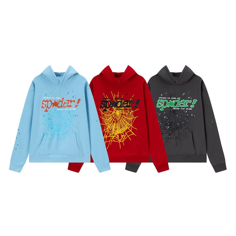 Hip-hop hoodie american style hoodie spider web letter foam fleece-linedloose hooded sweatshirtoutweartrendy clothing