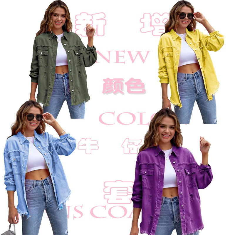 Women's european and american style mid-length frayed hem distressed denim jacket - autumn/winter long sleeve casual turn-down collar top