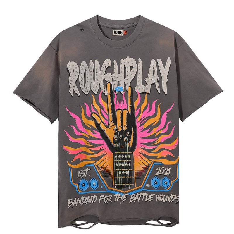 Rough play hotfix rhinestone cotton t-shirt - direct-to-garment streetwear hip-hop print