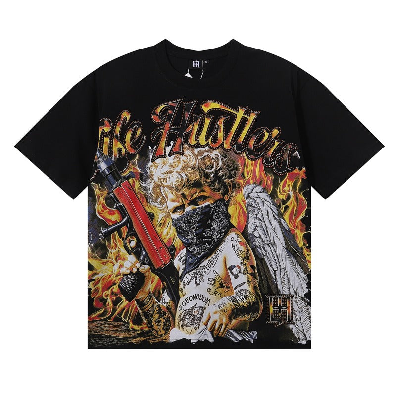 Life hustlers hot diamond cotton t-shirt g direct injection hip hop printing