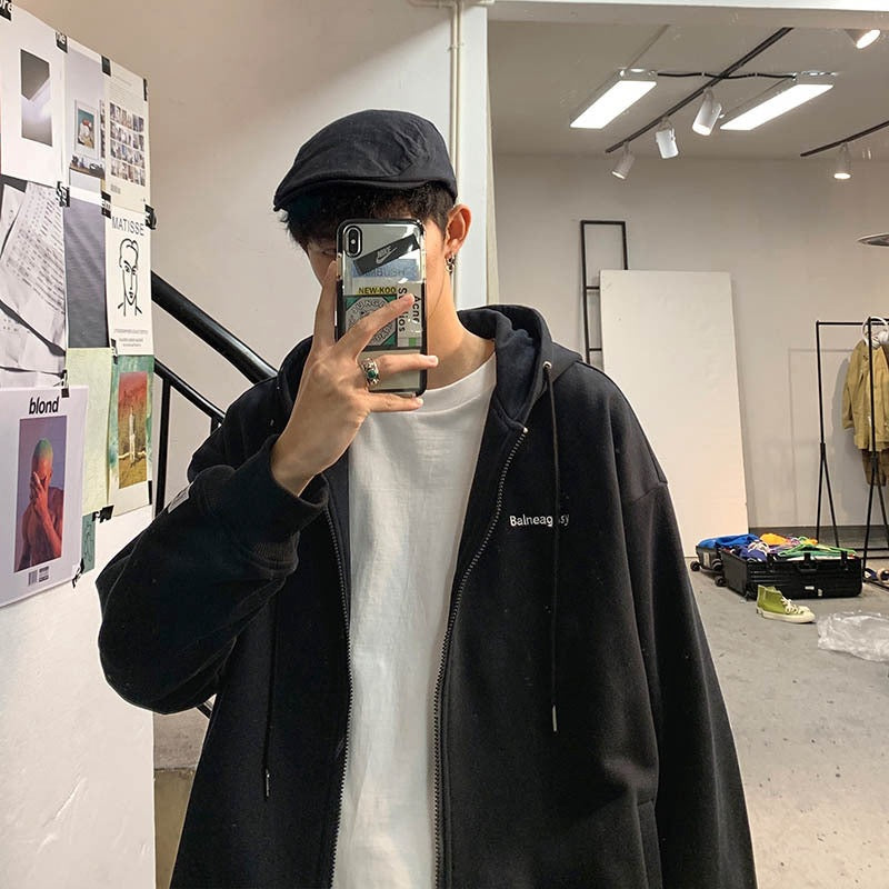 Men Hoodie Sweater Men's Hooded Zipper Hong Kong Style Casual Autumn