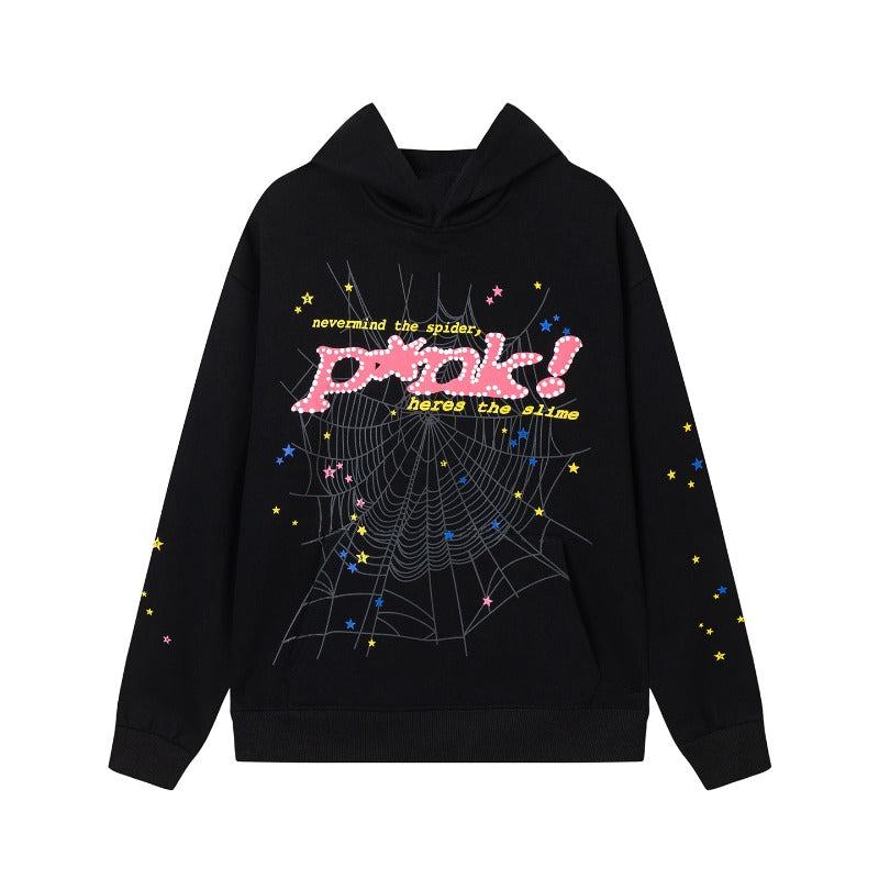 Hip-hop hoodie american high street hoodie letter spider web sweatshirt casualfleece-linedloose hooded sweatshirt trendy