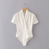Women T-Shirt Slim V-neck Short Sleeve Solid Color One-Piece T-shirt Top