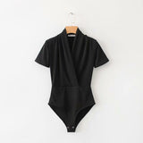 Women T-Shirt Slim V-neck Short Sleeve Solid Color One-Piece T-shirt Top