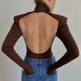 Women Jumpsuit Summer Sexy Backless Long Sleeves Turtleneck Jumpsuit