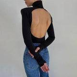 Women Jumpsuit Summer Sexy Backless Long Sleeves Turtleneck Jumpsuit