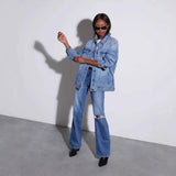 Women's top: european and american style cross-border washed denim jacket - women's casual loose long sleeve jacket
