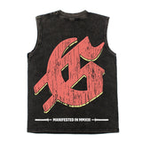Hip hop tank top american dog head printing washed and distressed niche style summer wear loosecasual vest sweatshirt