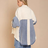 Women's top: spring/summer american retro washed color block denim jacket - turn-down collar, casual distressed raw hem outerwear