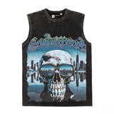 Hip hop tank top american high street retro washed distressed water reflection skull printing loose vest sweatshirt