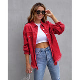 Women's european and american style mid-length frayed hem distressed denim jacket - autumn/winter long sleeve casual turn-down collar top