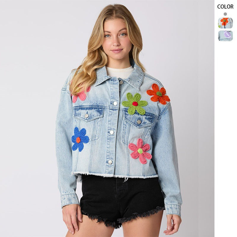 Women's top: european and american style cross-border trade spring/summer multi-color 3d embellished denim jacket, long sleeve outerwear