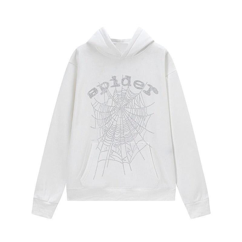 Hip-hop hoodie american style hoodie spider web letter hot diamond fleece-linedloose hooded sweatshirt outwear trendy