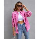 Women's european and american style mid-length frayed hem distressed denim jacket - autumn/winter long sleeve casual turn-down collar top