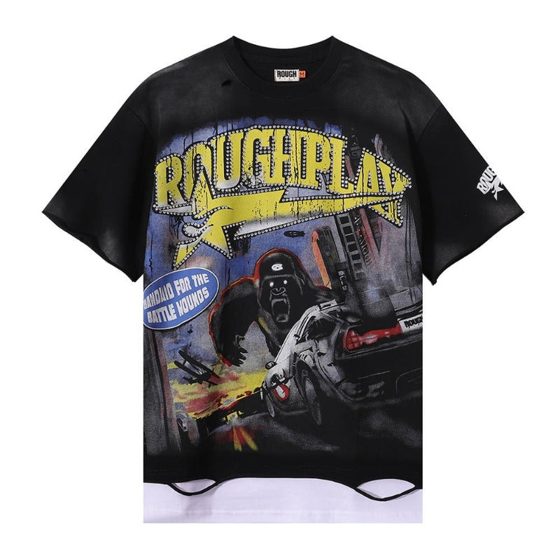 Rough play direct injection printing hot diamond washed pure cotton t-shirt g