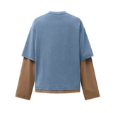 Unisex long-sleeved shirt autum color-blocked fake two-piece