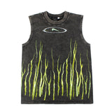 Hip hop tank top american high street retro style distressed washed hook flame printing waistcoat sweat vest sleeveless t-shirt