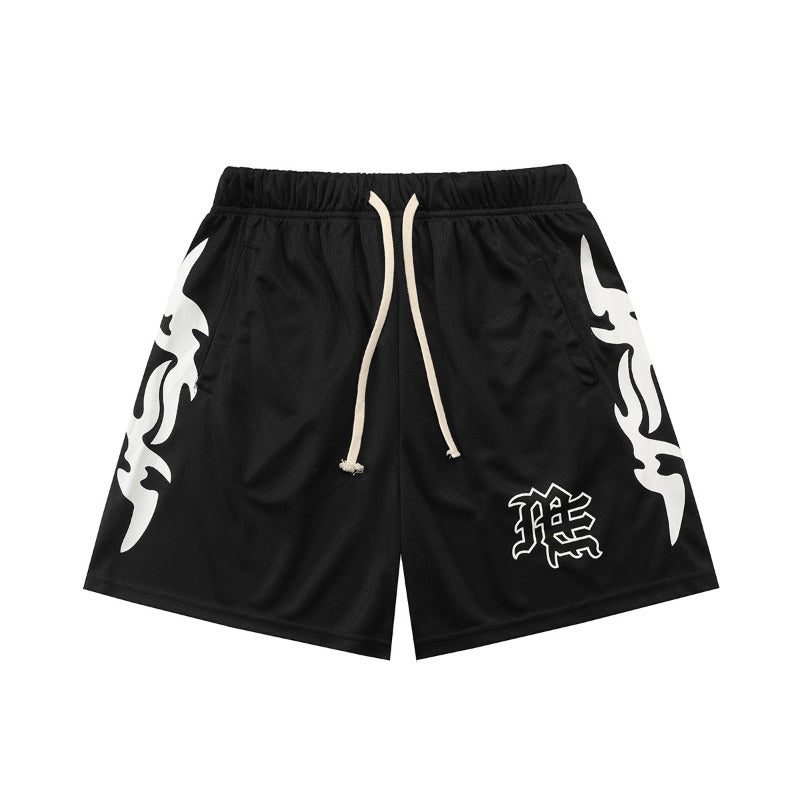 Mixed Emotion Shorts Flame Print Mesh Sports Quick-Drying Basketball Pants Mesh Pants