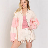 Women's top: spring/summer american retro washed color block denim jacket - turn-down collar, casual distressed raw hem outerwear