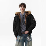 Unisex Down Jacket Men's Winter Fur Collar Leopard Print Fleece Padded Jacket