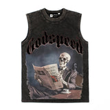 Hip hop tank top retro graffiti skull reading newspaper west coast hip hop street retro washed old american waistcoat vest