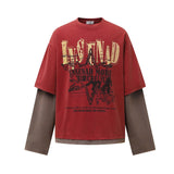 Unisex long-sleeved shirt autum color-blocked fake two-piece
