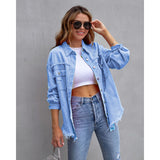 Women's european and american style mid-length frayed hem distressed denim jacket - autumn/winter long sleeve casual turn-down collar top