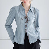 Women top independent station cross-border spring sense of design strappy long sleeves slit waist denim shirtoutwear women's clothing