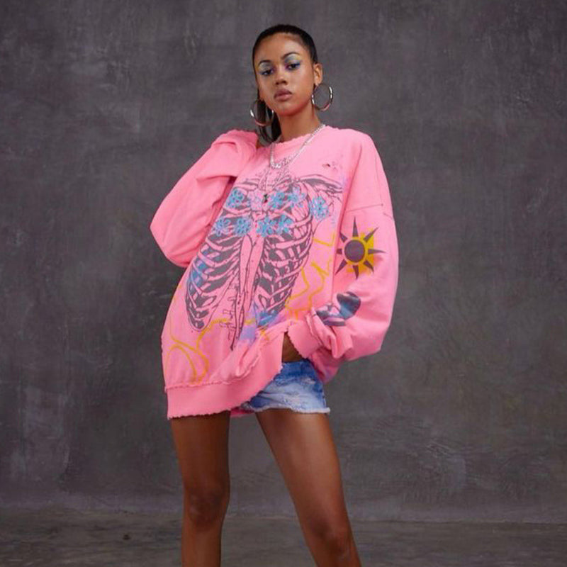 Women Sweatshirt Cartoon Printed Crew Neck Sweatshirt Female Loose