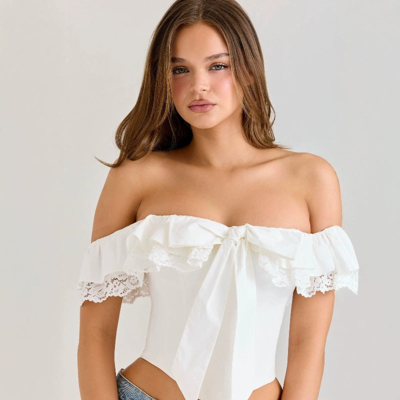 Women top cross-border annual export hot girl sexy one-line collar suspender frenchruffles buttoned waist slimming look small vest for women