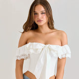 Women top cross-border annual export hot girl sexy one-line collar suspender frenchruffles buttoned waist slimming look small vest for women