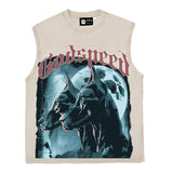 Hip hop tank top american dog head printing washed and distressed niche style summer wear loosecasual vest sweatshirt