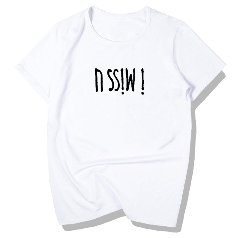Madness I Miss U Tee Fashion Brand Short Sleeve T-shirt Men's Hong Kong Style Trendy Top Simple T-shirt Black and White Base Shirt
