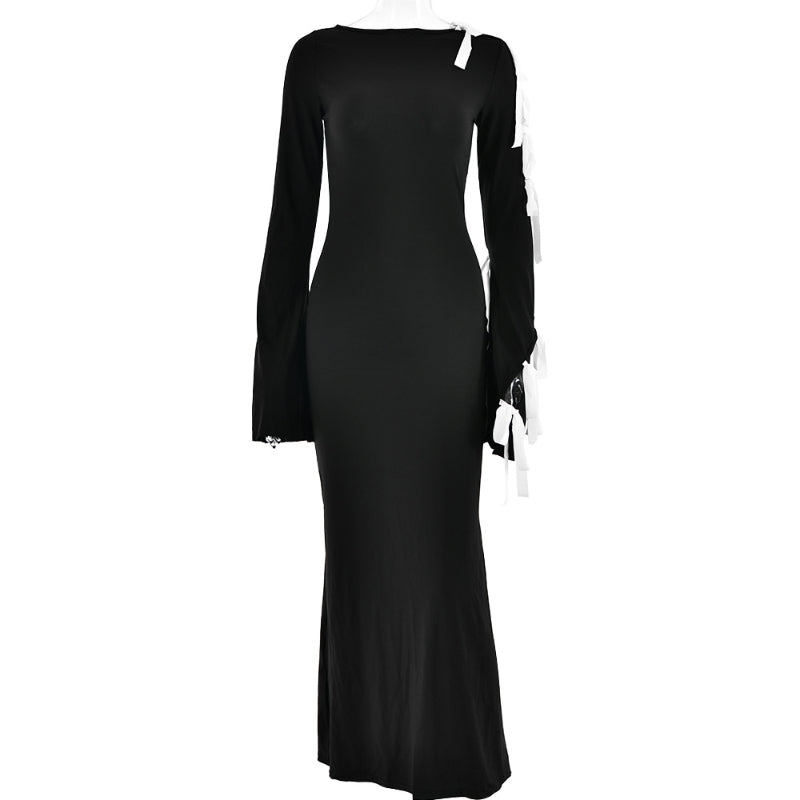 Women Dresses Sexy Strapless Long Sleeve Patchwork Slit Long Dress