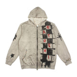 Hip-hop hoodie american high street plaid cut out holes washed distressed zipper hooded sweatshirt hoodie outwear